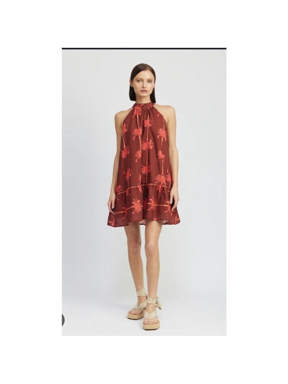 Women's En Saison Dress, Size S Brown with Orange Palm Trees
